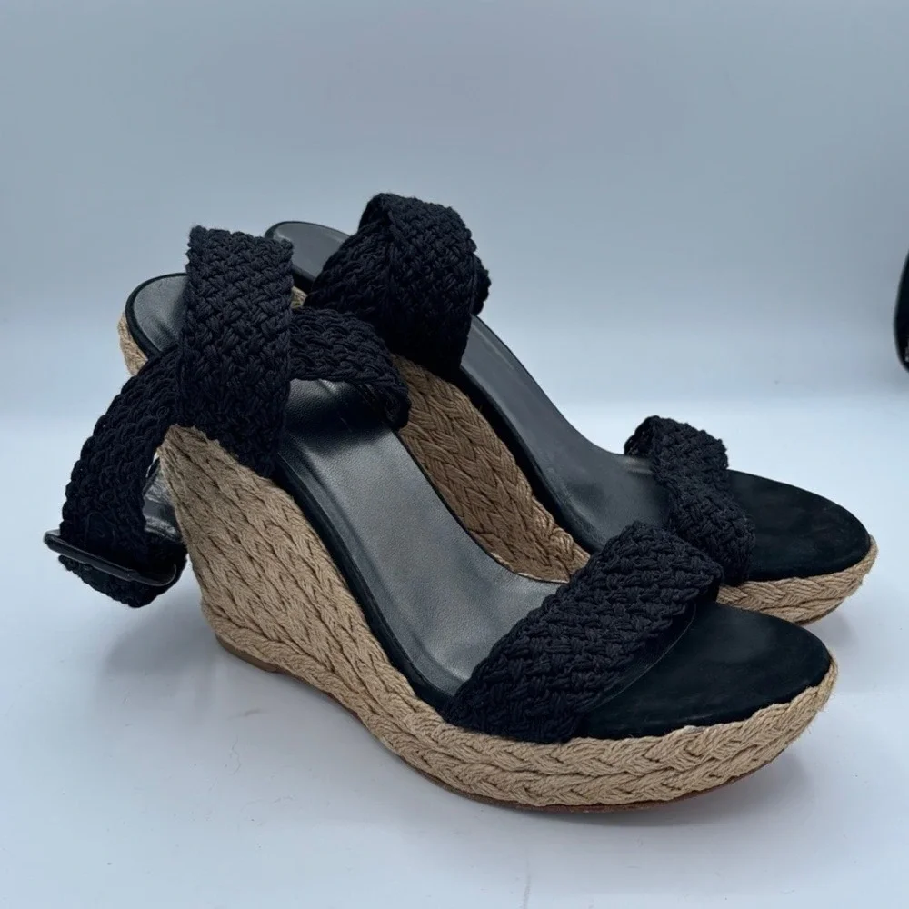 Stuart Weitzman Alex Wedge Sandals 9M Black Jute Espadrille Braided Strap Heels - Picture 2 of 10